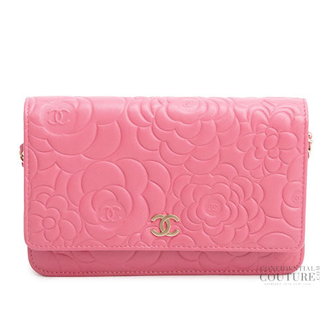 Pink Camellia Embossed Lambskin Leather WOC Clutch Bag