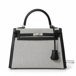 Kelly 25 Sellier in Ecru Toile So H Canvas and Black Swift Leather with Palladium Hardware
