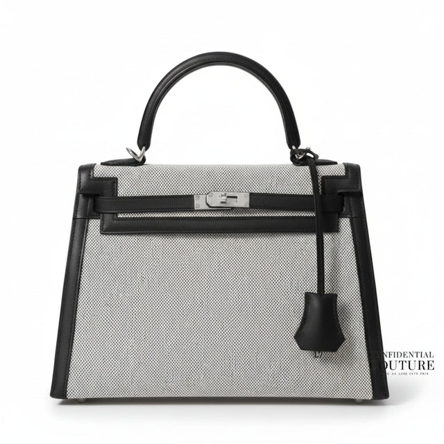 Kelly 25 Sellier in Ecru Toile So H Canvas and Black Swift Leather with Palladium Hardware