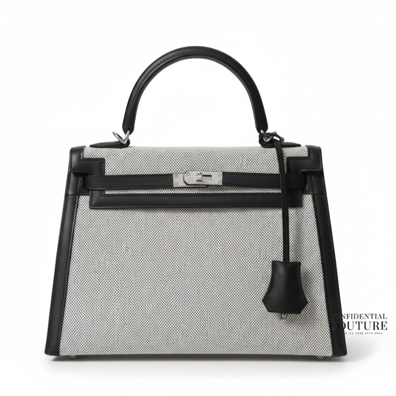 Kelly 25 Sellier in Ecru Toile So H Canvas and Black Swift Leather with Palladium Hardware