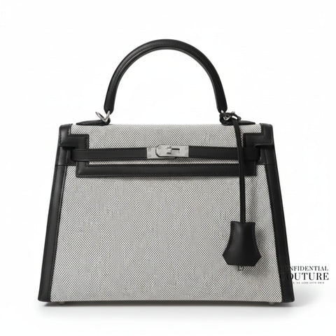 Kelly 25 Sellier in Ecru Toile So H Canvas and Black Swift Leather with Palladium Hardware