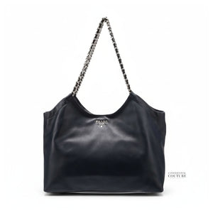 Black Soft Calfskin Leather Chain Tote Bag