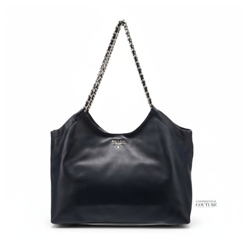 Black Soft Calfskin Leather Chain Tote Bag