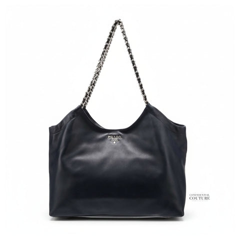 Black Soft Calfskin Leather Chain Tote Bag