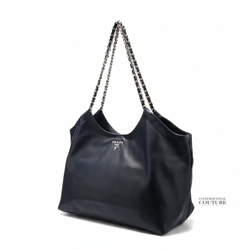 Black Soft Calfskin Leather Chain Tote Bag