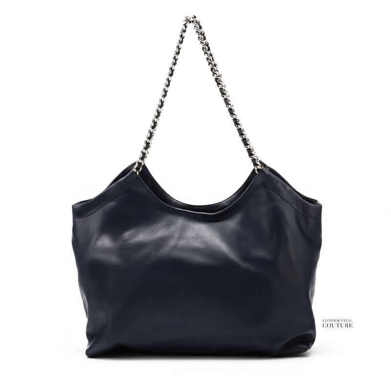 Black Soft Calfskin Leather Chain Tote Bag
