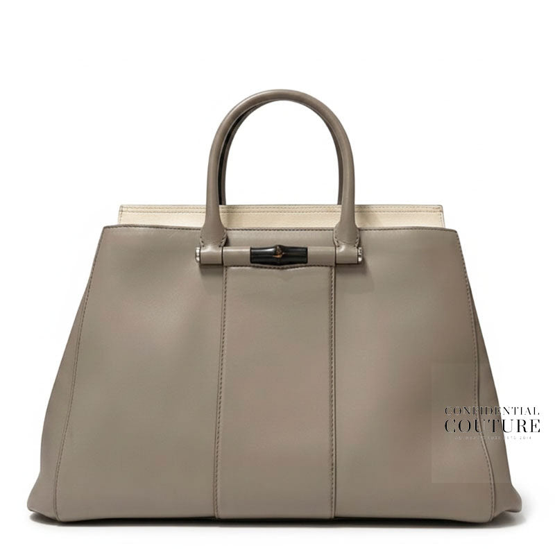 Grey Leather Lady Bamboo Top Handle Bag