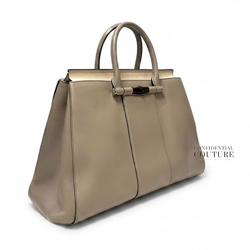 Grey Leather Lady Bamboo Top Handle Bag