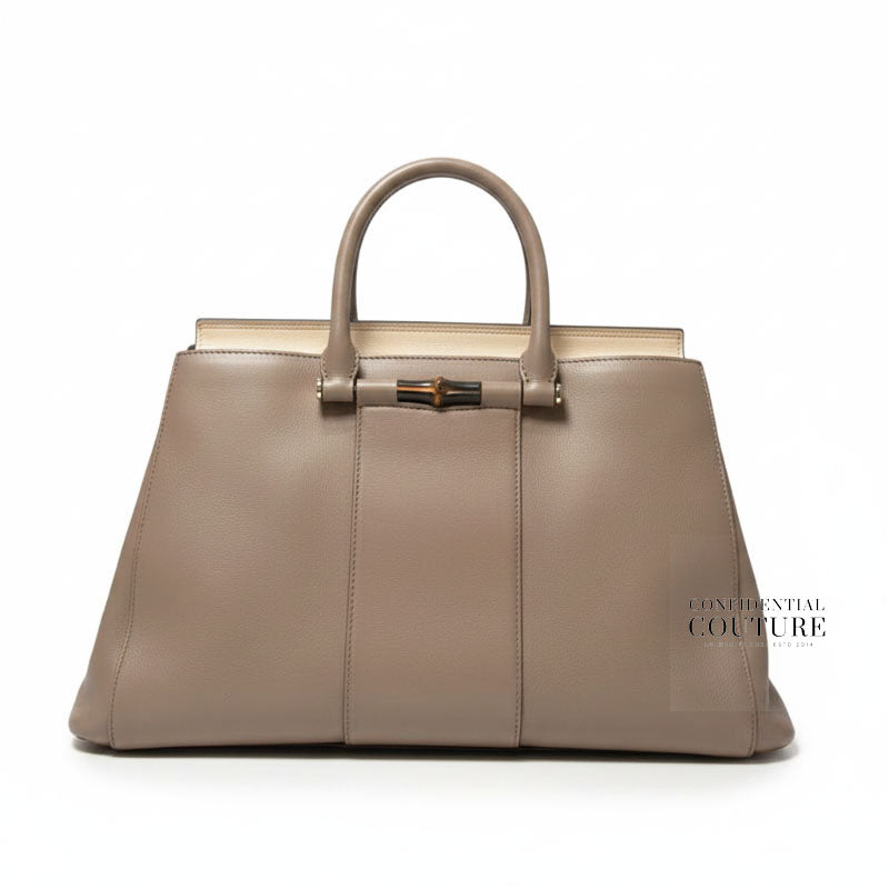 Grey Leather Lady Bamboo Top Handle Bag