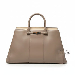 Grey Leather Lady Bamboo Top Handle Bag
