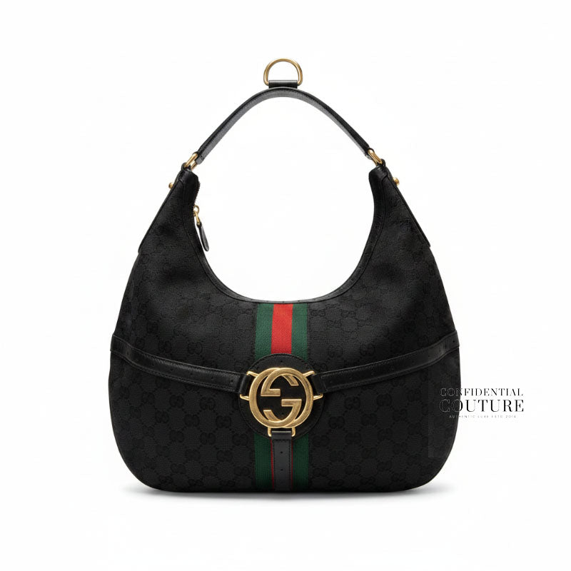 Black GG Canvas Reins Hobo Bag