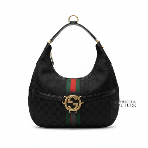 Black GG Canvas Reins Hobo Bag