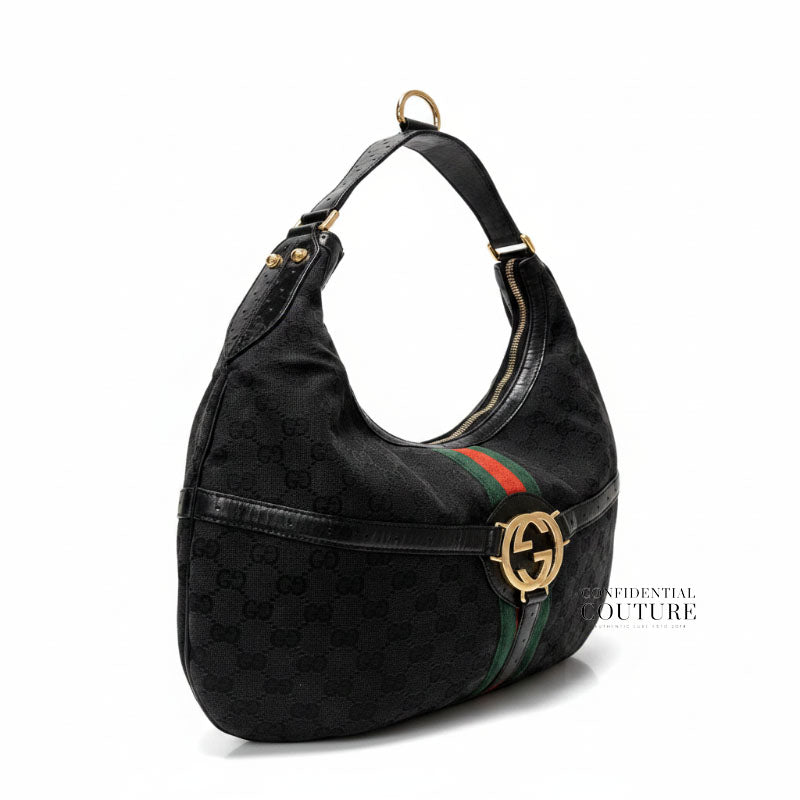 Black GG Canvas Reins Hobo Bag