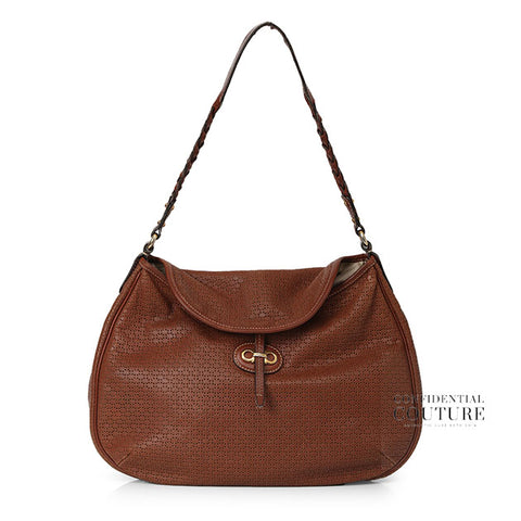 Brown Perforated Leather/Jungle Print Fabric Reversible Shoulder Bag
