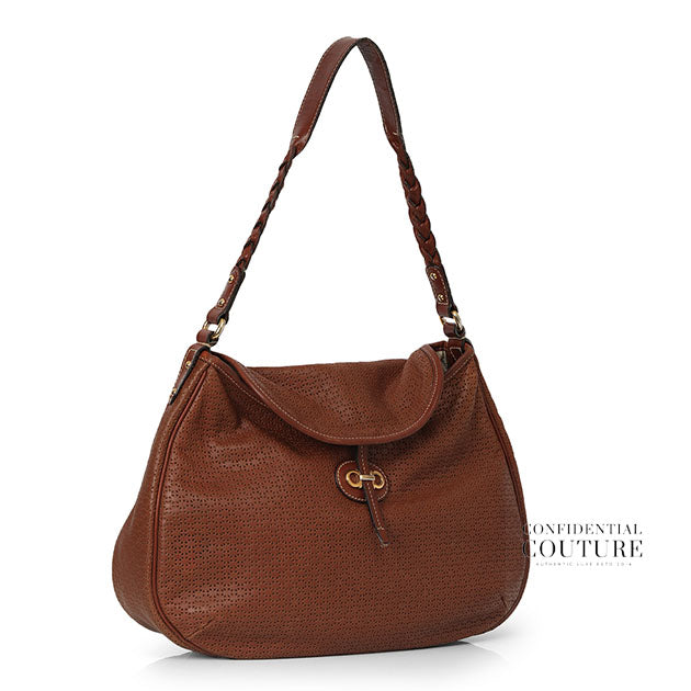 Brown Perforated Leather/Jungle Print Fabric Reversible Shoulder Bag
