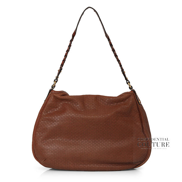 Brown Perforated Leather/Jungle Print Fabric Reversible Shoulder Bag