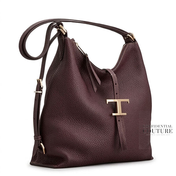 T Timeless Leather Shoulder Dark Plum Bag.