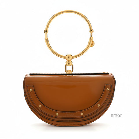 Brown Patent Leather Small Nile Bracelet Minaudiere Crossbody Bag
