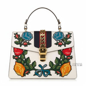 White Leather Floral Embroidered Medium Sylvie Top-Handle Bag