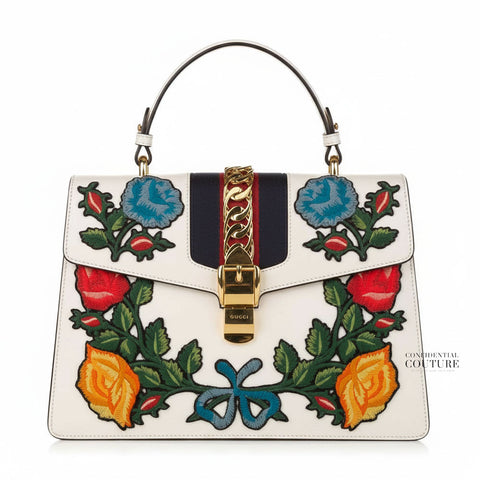 White Leather Floral Embroidered Medium Sylvie Top-Handle Bag