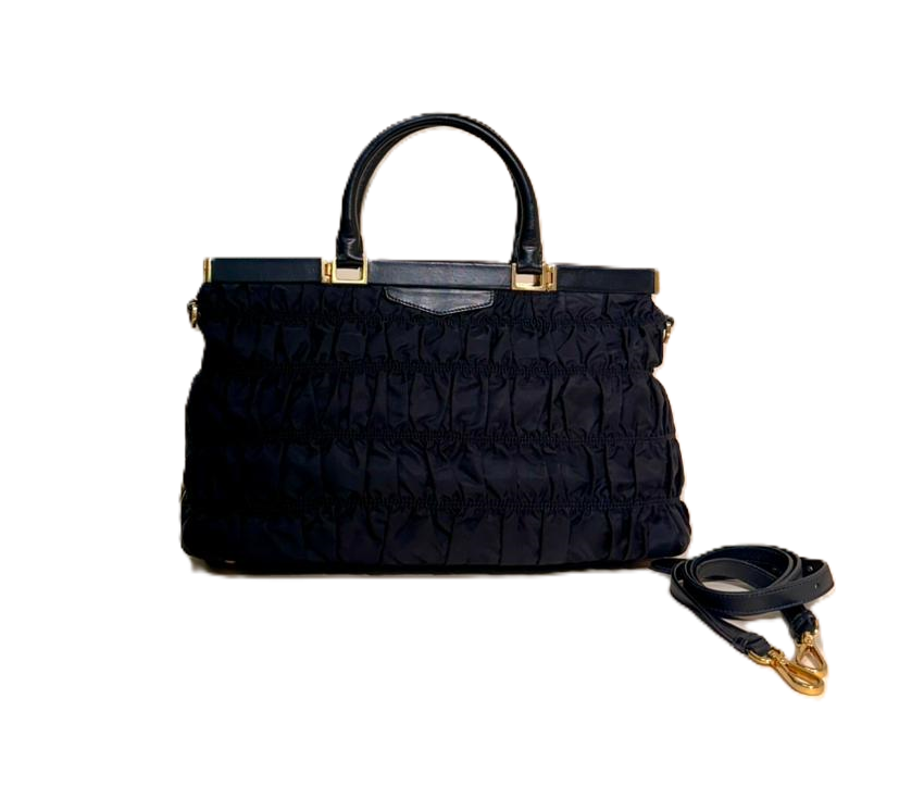 Black Gaufre Tessuto Nylon Frame Shopping Tote Bag