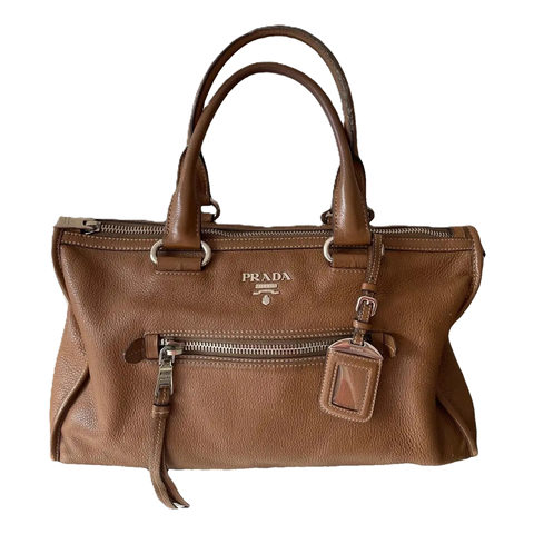 Brown Vitello Phenix Leather Zip Tote Bag