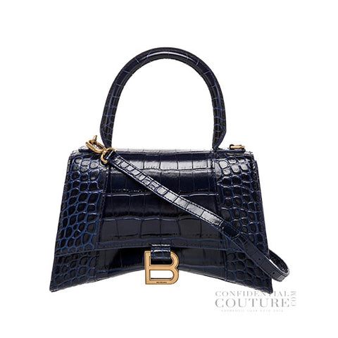 Hourglass XS Croc-Effect Leather Blue Crossbody Bag