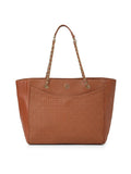 Tan Leather Embroidered Tote One Size