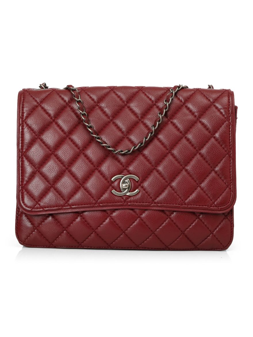 Maroon Caviar Leather Single Flap Bag Maxi