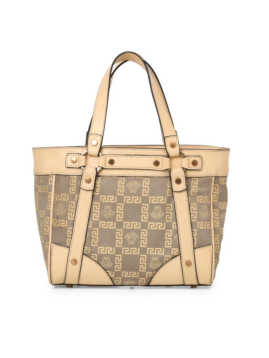 Beige Leather And Canvas Small Tote Bag