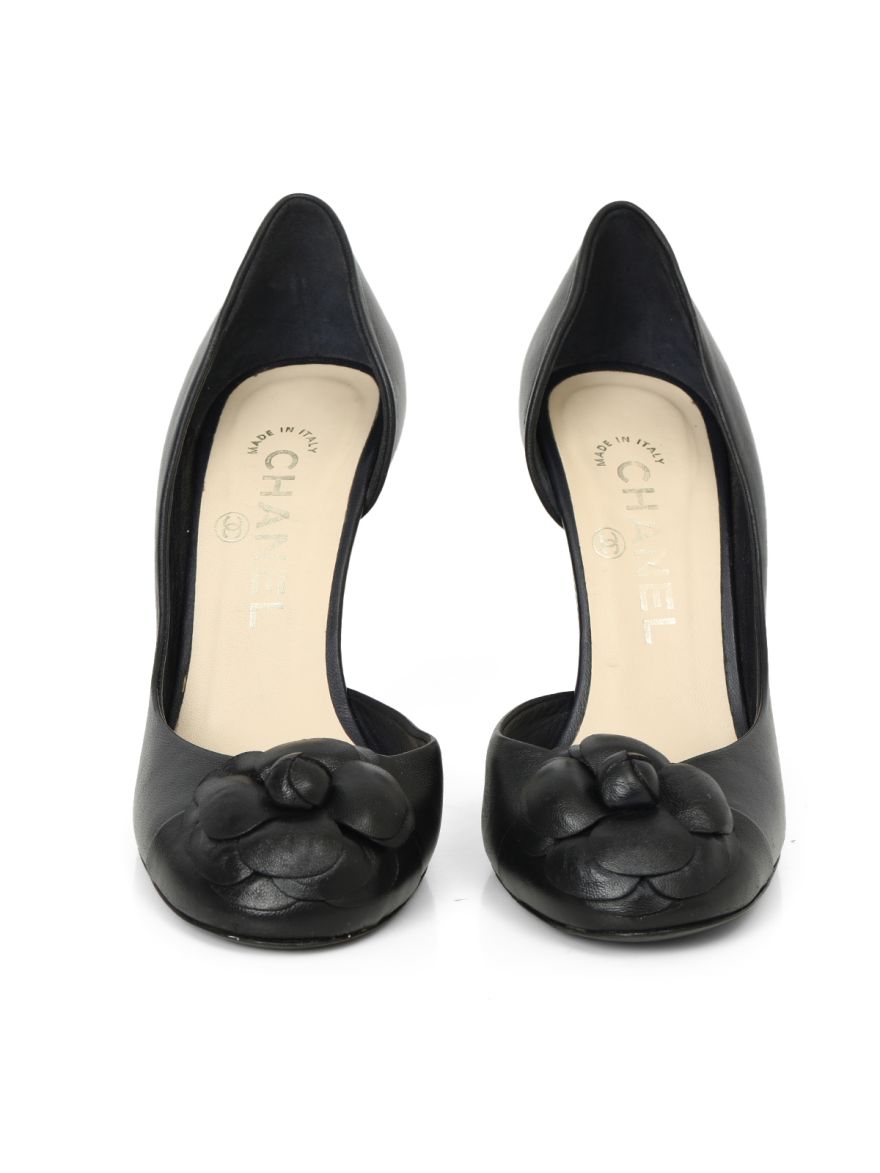 Navy Leather Camellia D'orsay Pumps - 37