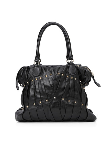 Garavani Black Leather Maison Pintucked Shopper Tote Bag One Size