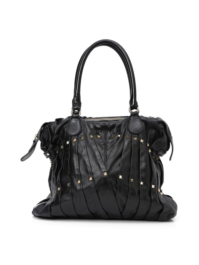 Garavani Black Leather Maison Pintucked Shopper Tote Bag One Size