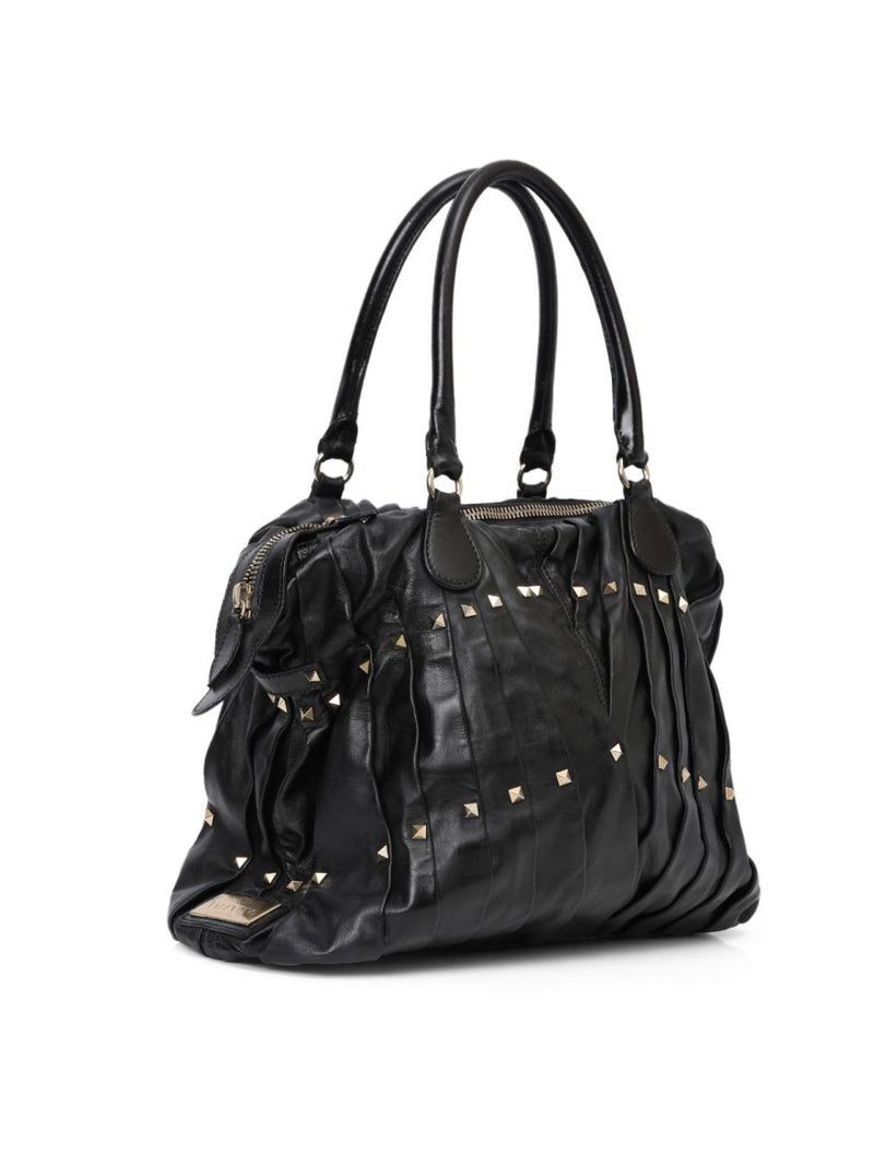 Garavani Black Leather Maison Pintucked Shopper Tote Bag One Size