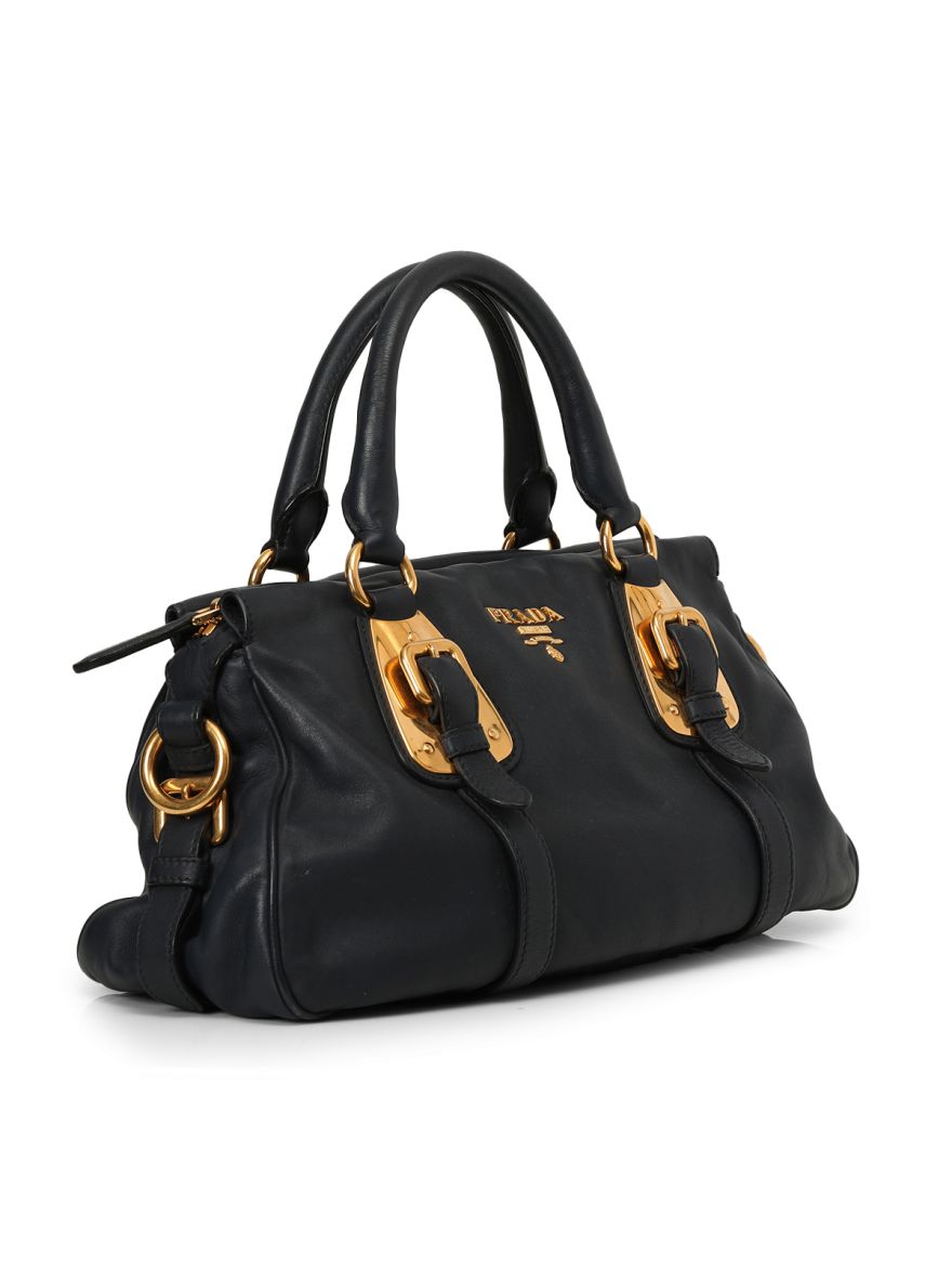 Black Soft Calf Leather Medium Belted Satchel