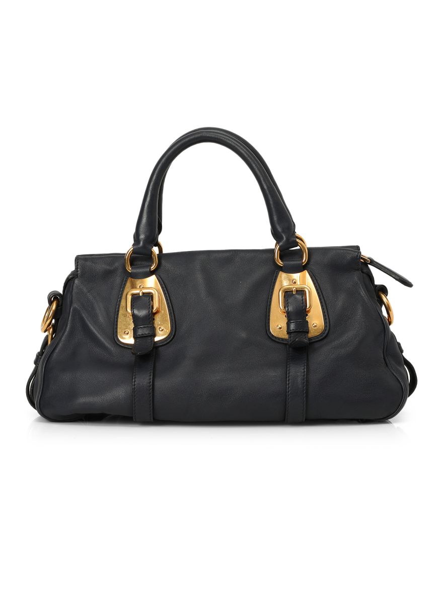 Black Soft Calf Leather Medium Belted Satchel