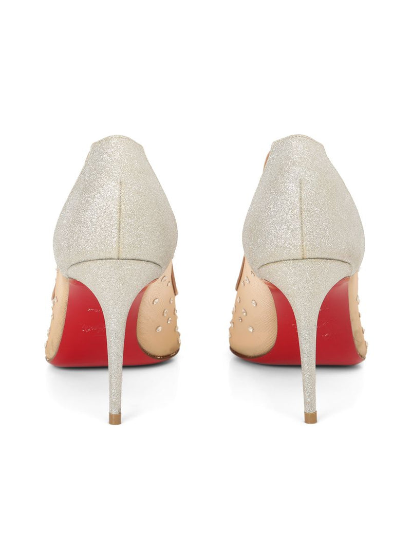 Beige Mesh & Suede Follies Strass Pointed Toe Pumps 38