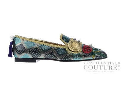 Multicolor Jacquard Embellished Loafers. EU 38
