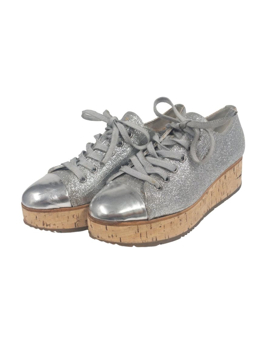 Sport New Silver Metallic Cap Toe Cork Platform Flat Sneakers Size-37.5