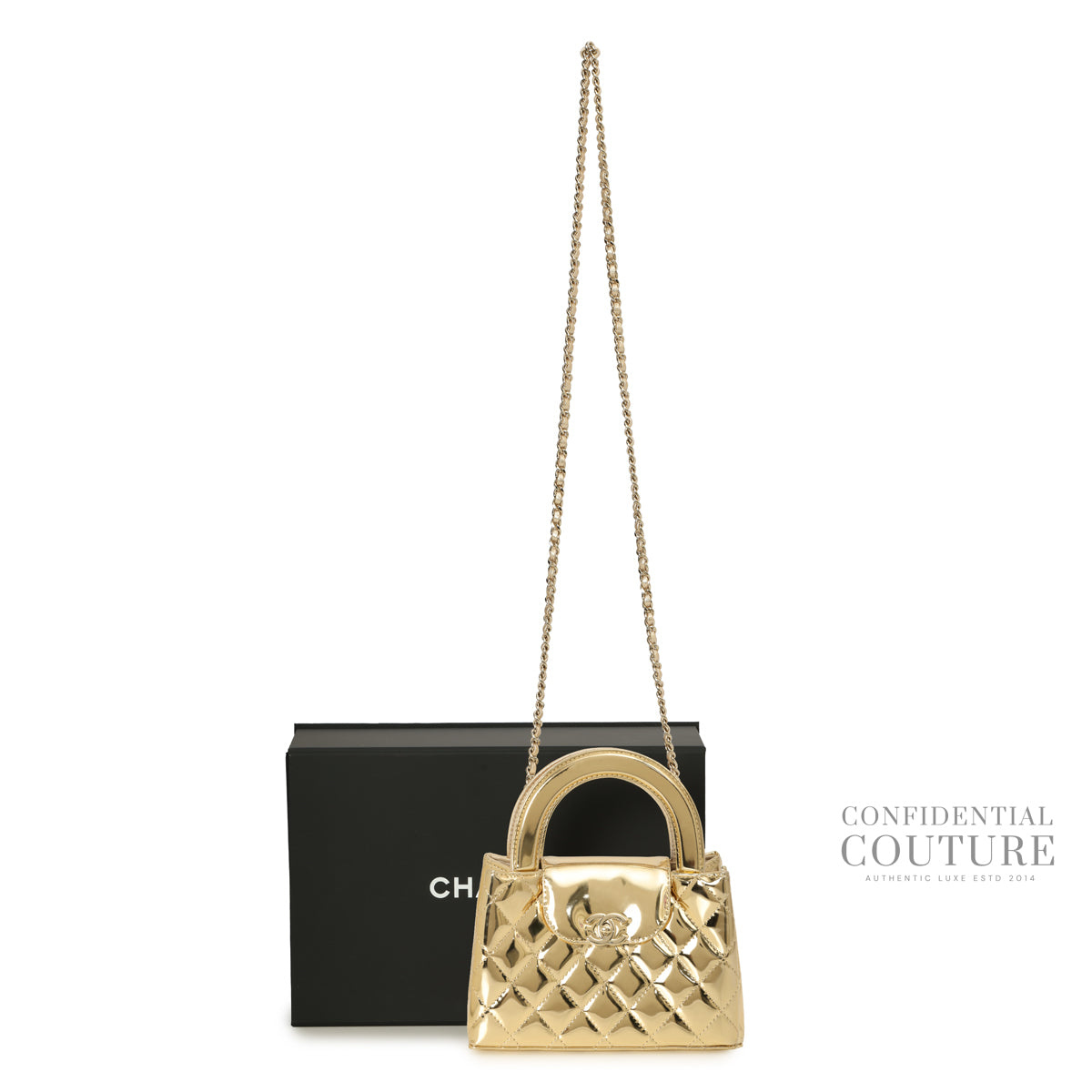 Gold Mirror Calfskin Quilted Mini Kelly Shopper Bag