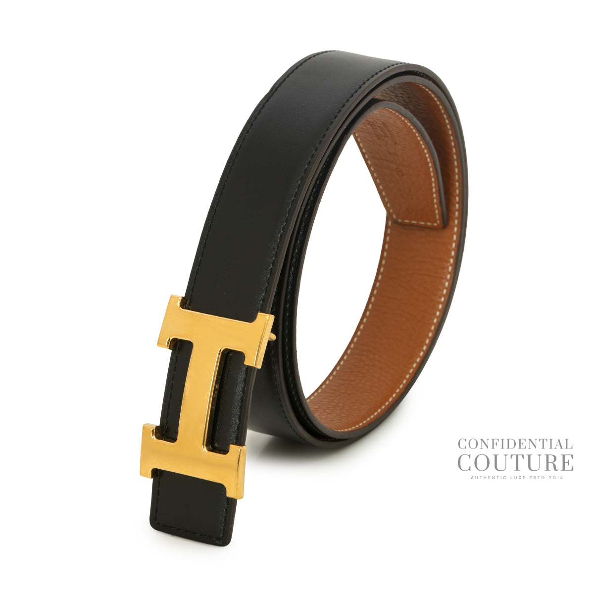 H Belt Gold Finish Buckle & Reversible Noir/Gold Leather Strap | 95