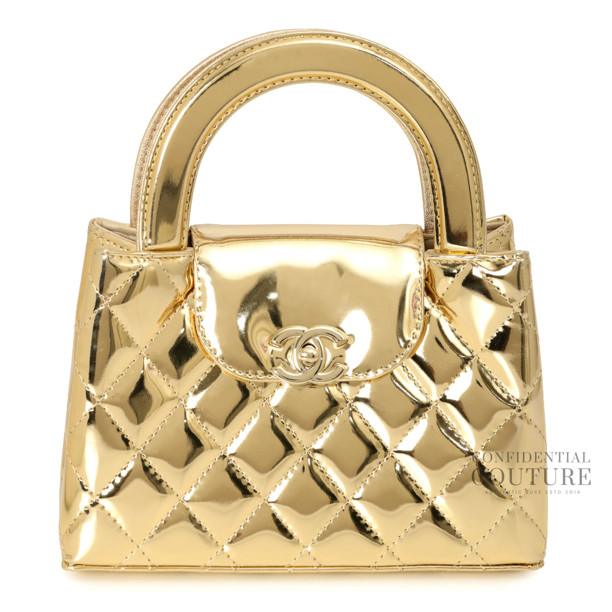 Gold Mirror Calfskin Quilted Mini Kelly Shopper Bag