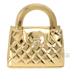Gold Mirror Calfskin Quilted Mini Kelly Shopper Bag