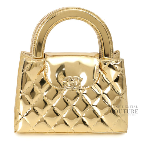 Gold Mirror Calfskin Quilted Mini Kelly Shopper Bag
