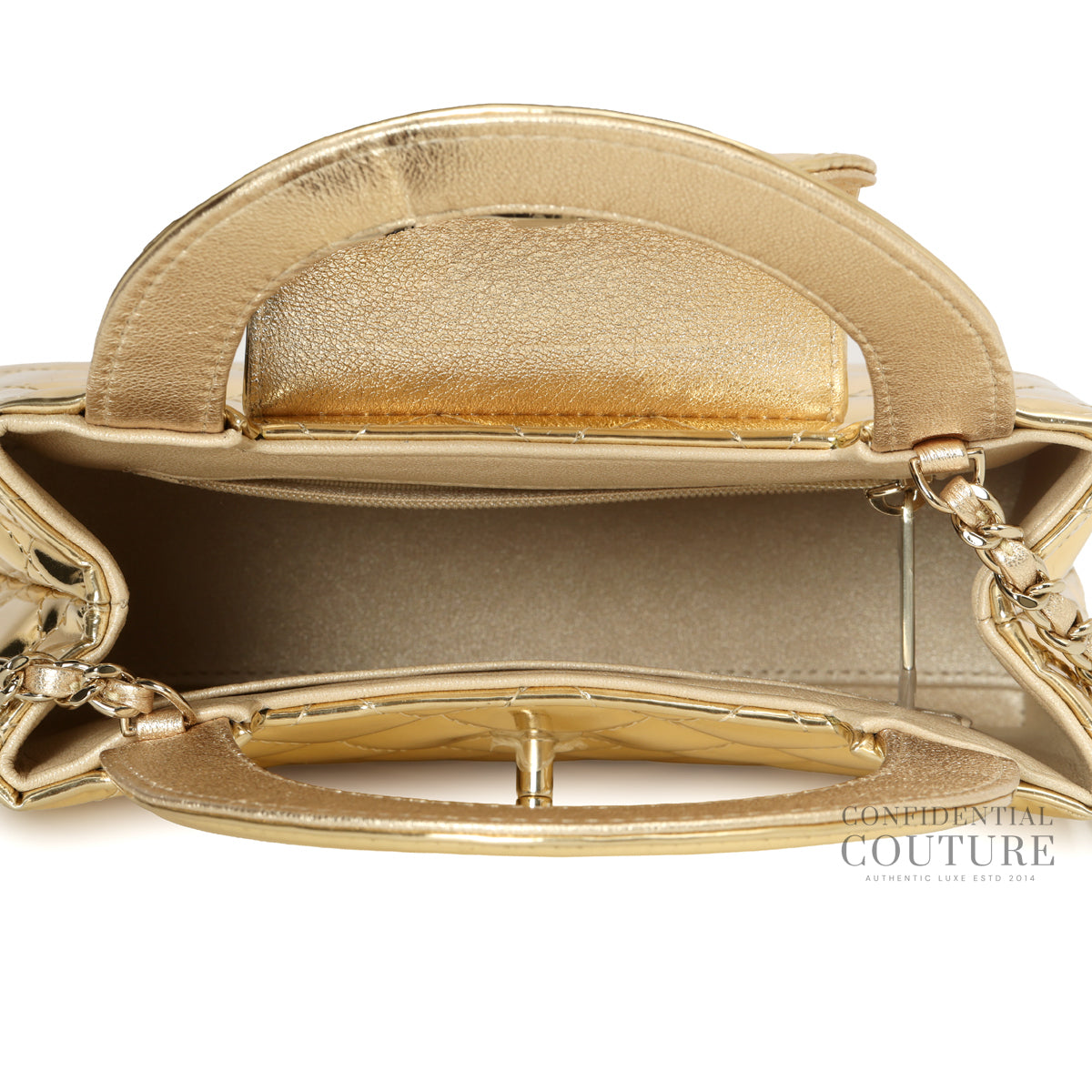 Gold Mirror Calfskin Quilted Mini Kelly Shopper Bag