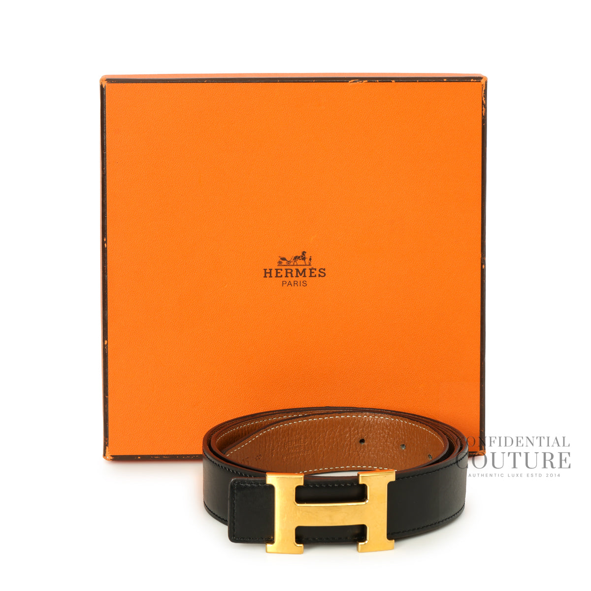 H Belt Gold Finish Buckle & Reversible Noir/Gold Leather Strap | 95