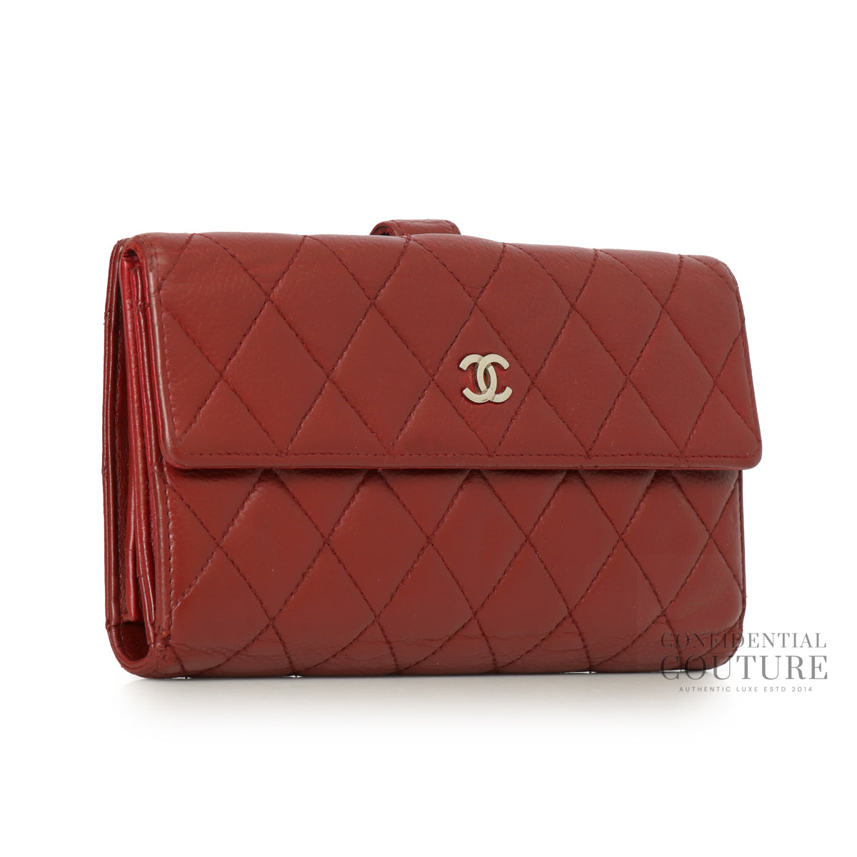 Red Quilted Caviar Leather L Flap Gusset Wallet