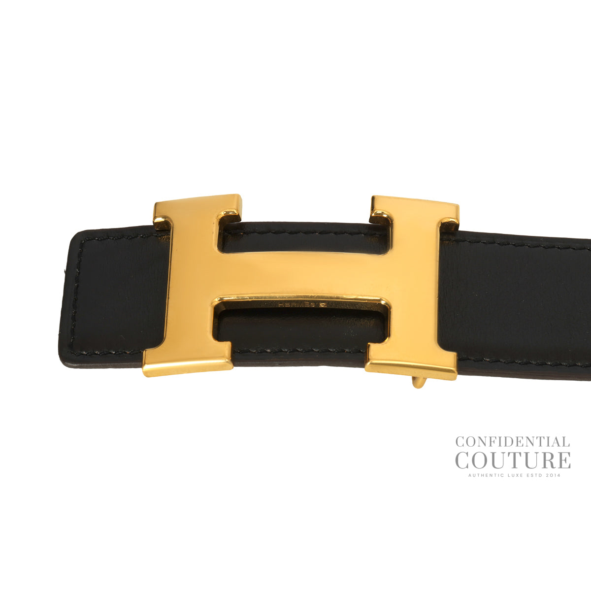H Belt Gold Finish Buckle & Reversible Noir/Gold Leather Strap | 95