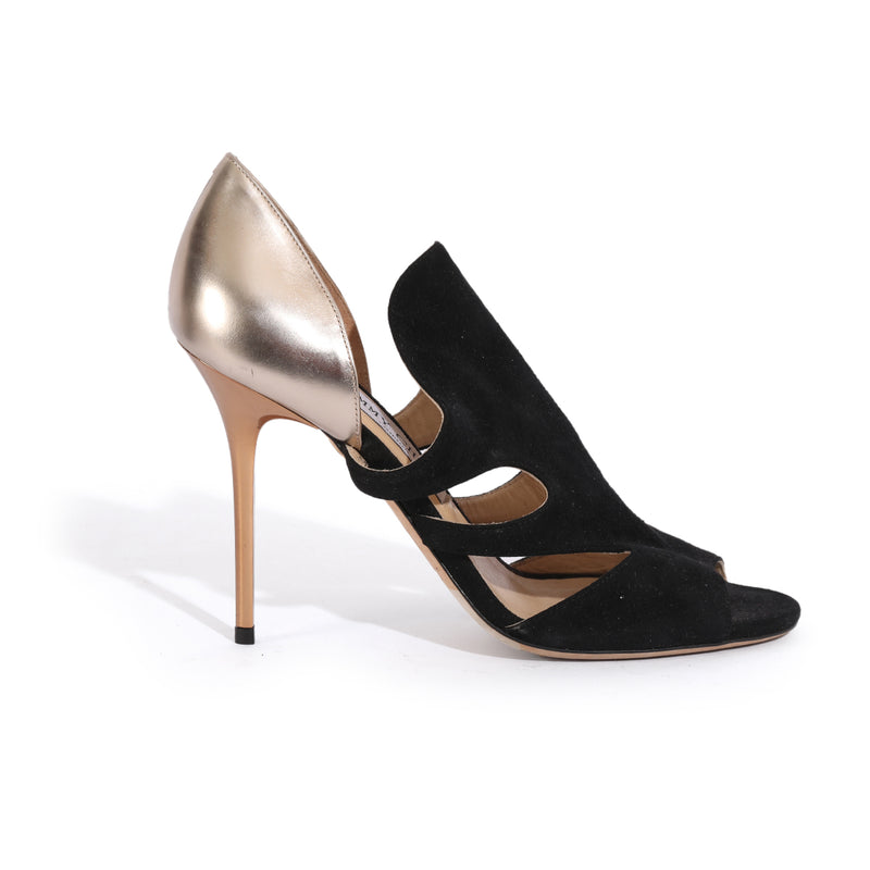 151 Teya Pas Fire/Firf Black  Gold Suede Sandals Size 38