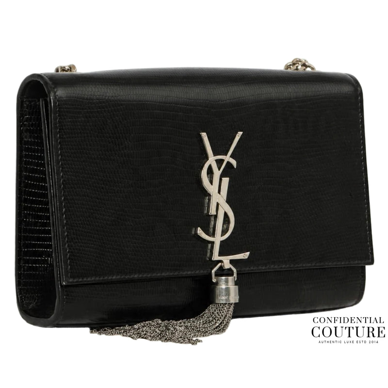 Lizard Embossed Patent Leather Black Small Kate Bag